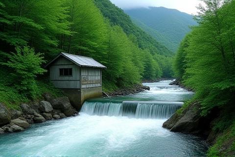 Small hydro turbine structure located near a flowing river in a scenic, green area of Shikoku island